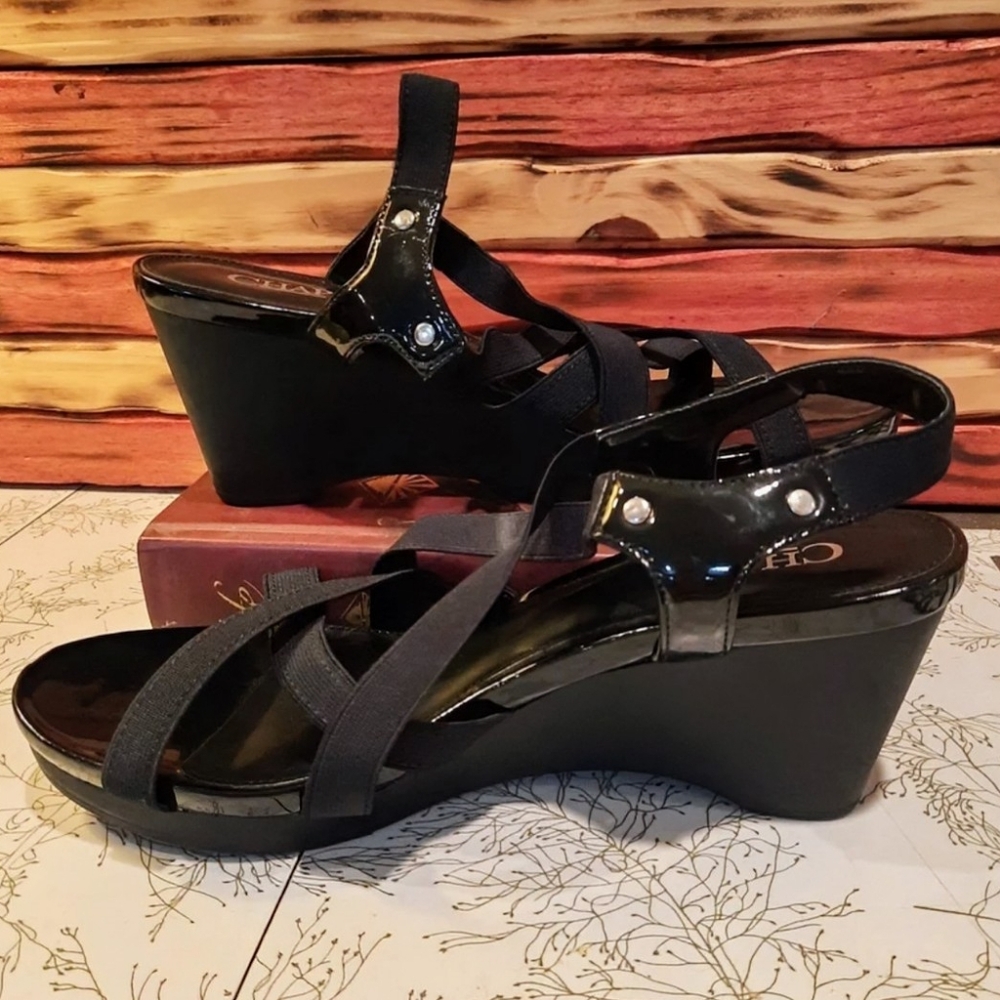 Chaps Black Strappy Platform Wedge Heels Sz 8B